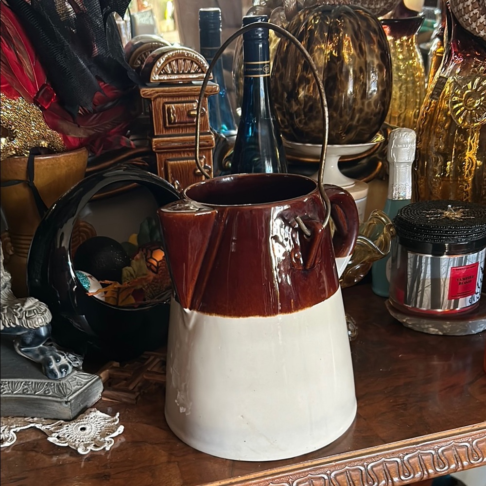 Vintage McCoy Stoneware Planter Pitcher Coffee Pot with Metal Handle on Top